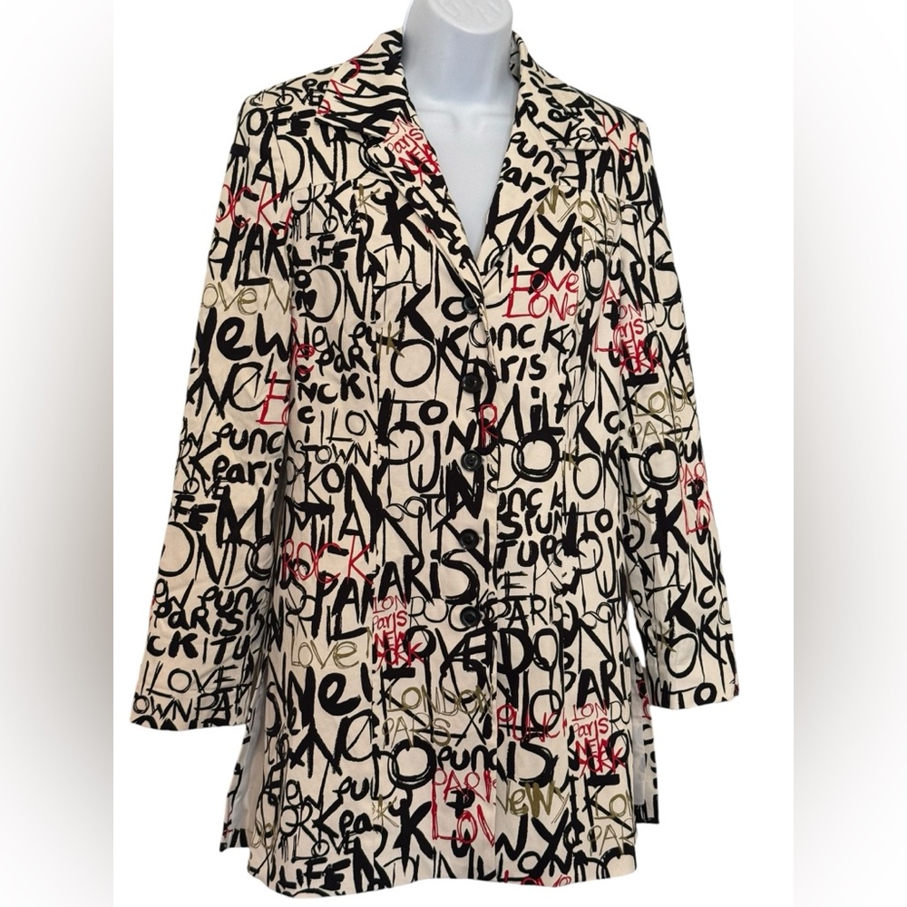 Forwear New York graffiti print button down mid length trench coat size 6
